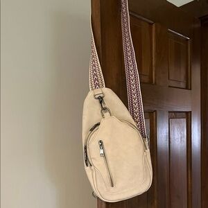 Buckle Cream Crossbody Bag with Patterned Strap